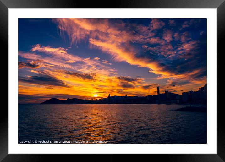 Benidorm - West beach front at sunset Framed Mounted Print by Michael Shannon