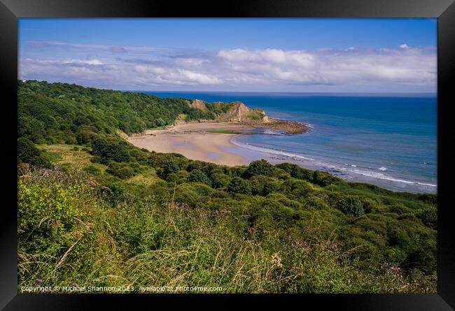 Clifftop view of Cayton Bay, North Yorkshire Framed Print by Michael Shannon