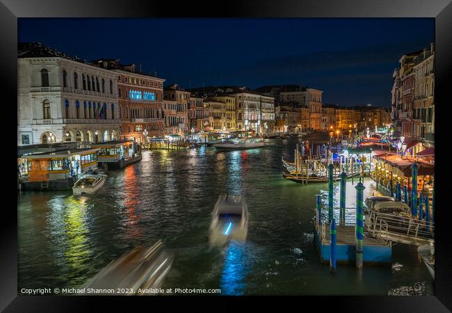 Night time view from the Rialto Bridge, Venice Framed Print by Michael Shannon