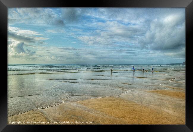 Rushing to Ride Waves - Watergate Bay, Cornwall Framed Print by Michael Shannon