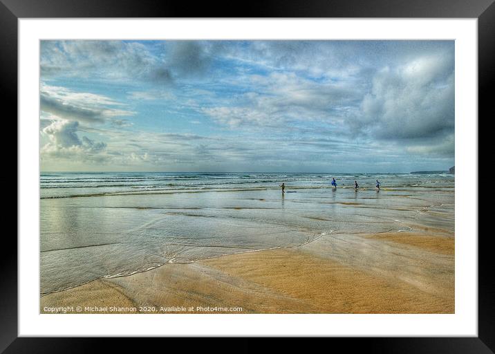 Rushing to Ride Waves - Watergate Bay, Cornwall Framed Mounted Print by Michael Shannon