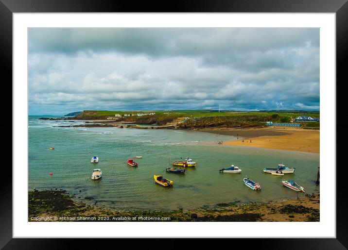 Boats moored off Bude in North Cornwall Framed Mounted Print by Michael Shannon