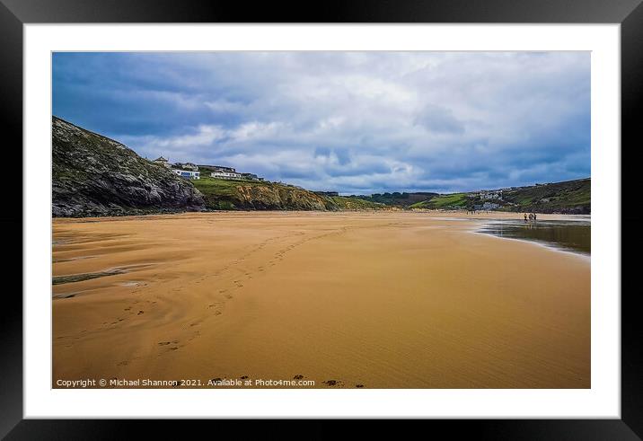 The sandy beach at Mawgan Porth in Cornwall Framed Mounted Print by Michael Shannon