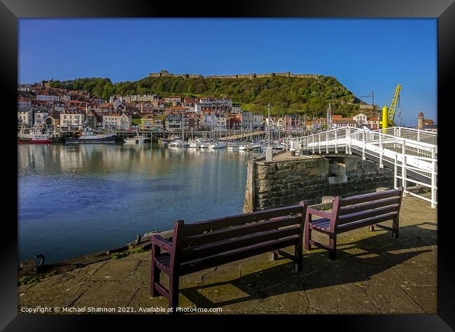Scarborough Harbour under blue skies on a sunny da Framed Print by Michael Shannon