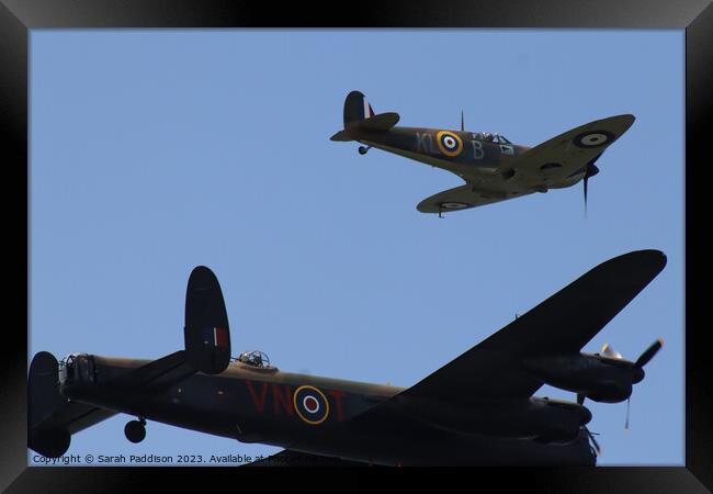 Lancaster Bomber and Spitfire Flyby Framed Print by Sarah Paddison
