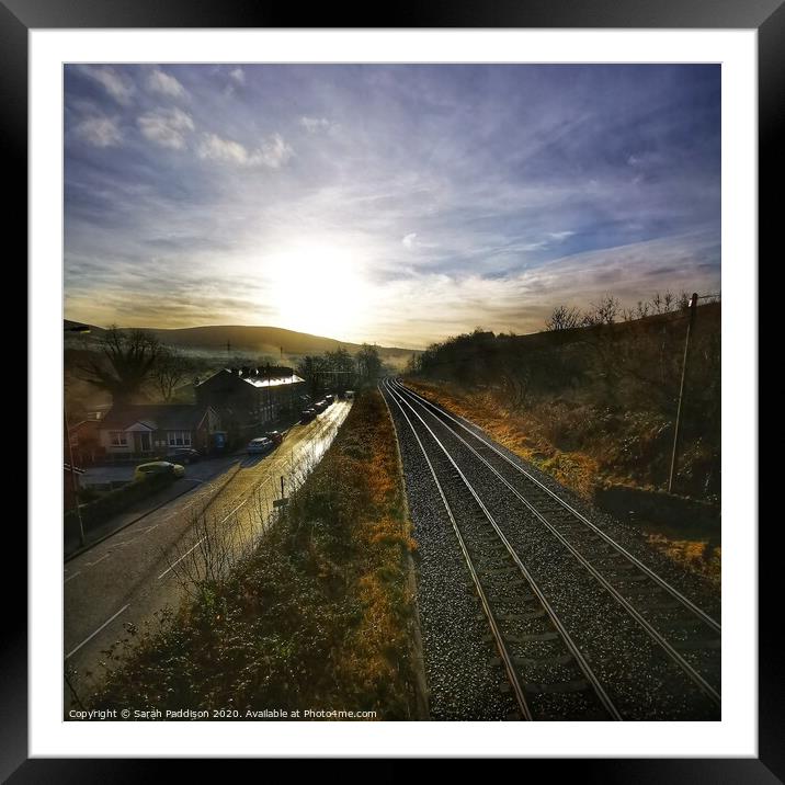 Rail and road at sunrise, Mossley Framed Mounted Print by Sarah Paddison