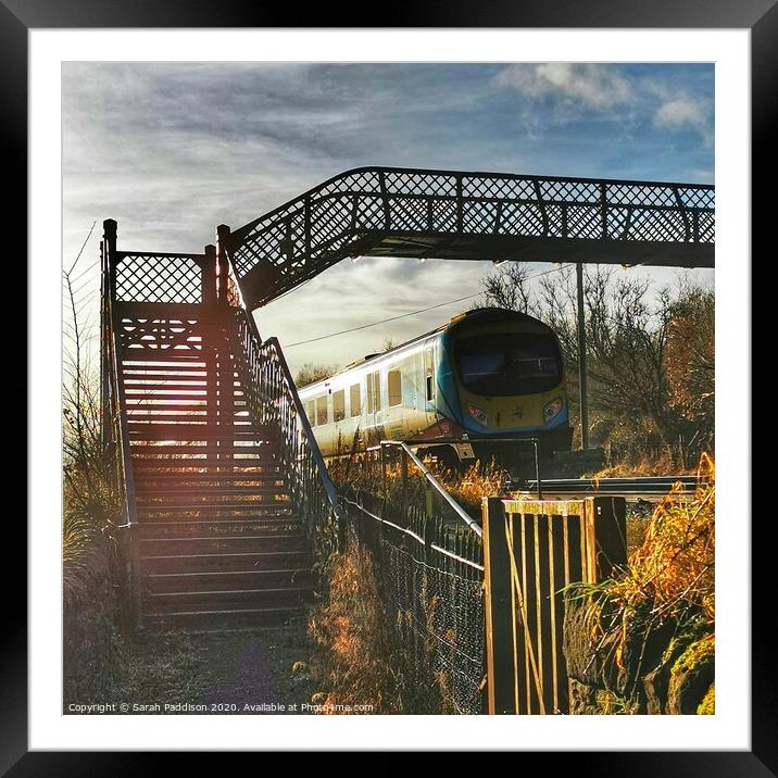 Iron railway bridge with train, Mossley Framed Mounted Print by Sarah Paddison