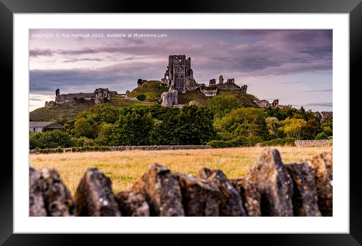 corfe castle, taken from the carpark in the village of the same name, purbeck, dorset, uk Framed Mounted Print by Roy Hornyak