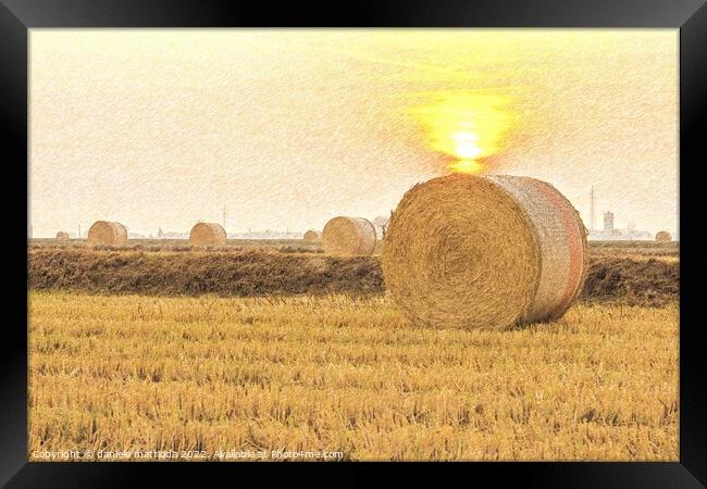 PENCIL SKETCH EFFECT on close-up of a hay cylindrical bale in a farmland Framed Print by daniele mattioda