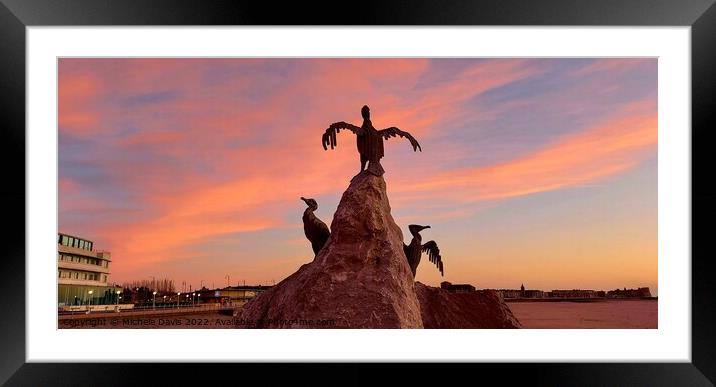 Morecambe Cormorant Sculpture, Sunset Framed Mounted Print by Michele Davis