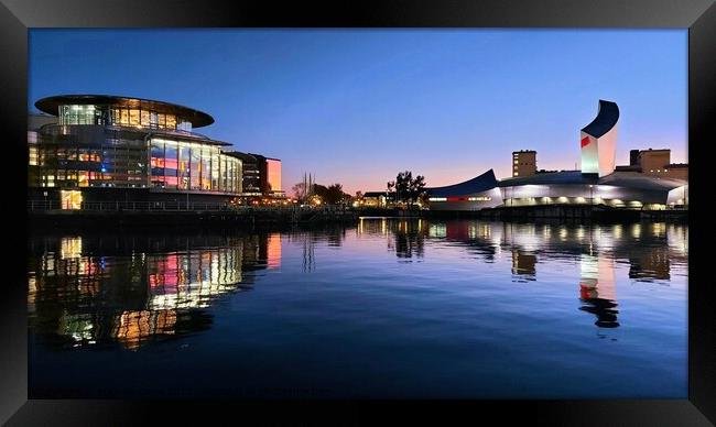 Salford Quays Reflections, Blue Hour Framed Print by Michele Davis