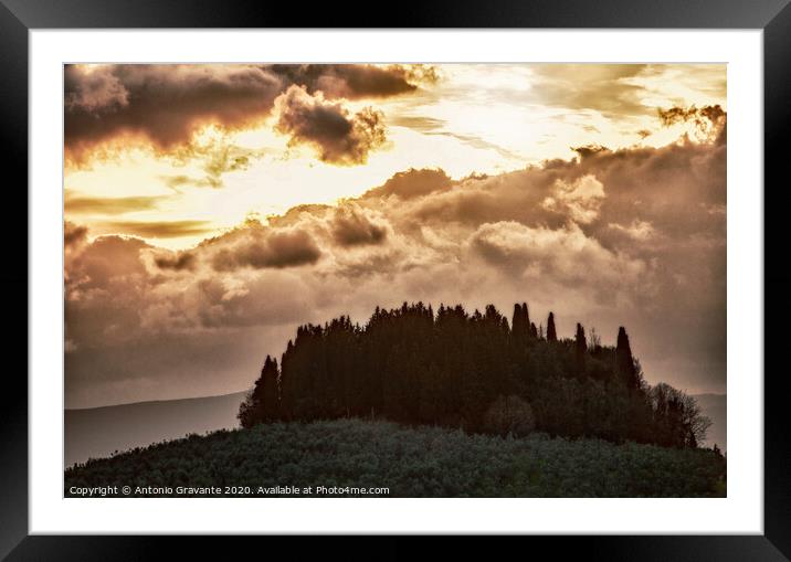 Tuscan landscape with cypress and sunbeams at sunset. Framed Mounted Print by Antonio Gravante