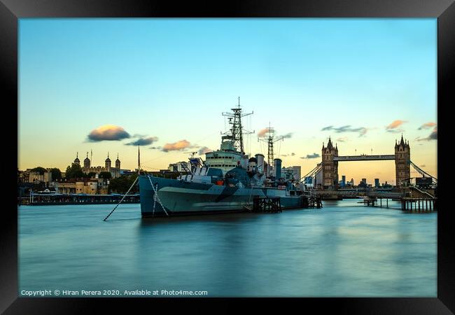 HMS Belfast, The Tower of London and Tower Bridge at Sunset Framed Print by Hiran Perera
