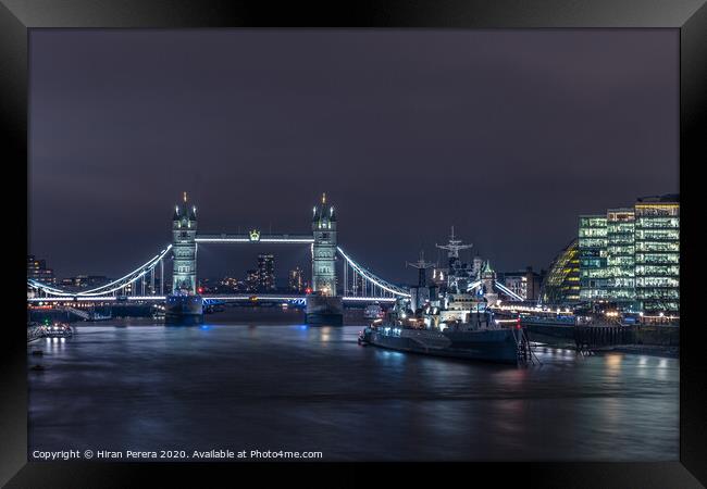 Tower Bridge and HMS Belfast at Night Framed Print by Hiran Perera
