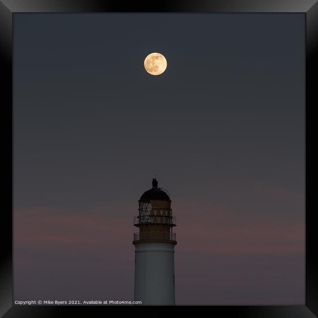 Snow Moon and Lighthouse Framed Print by Mike Byers