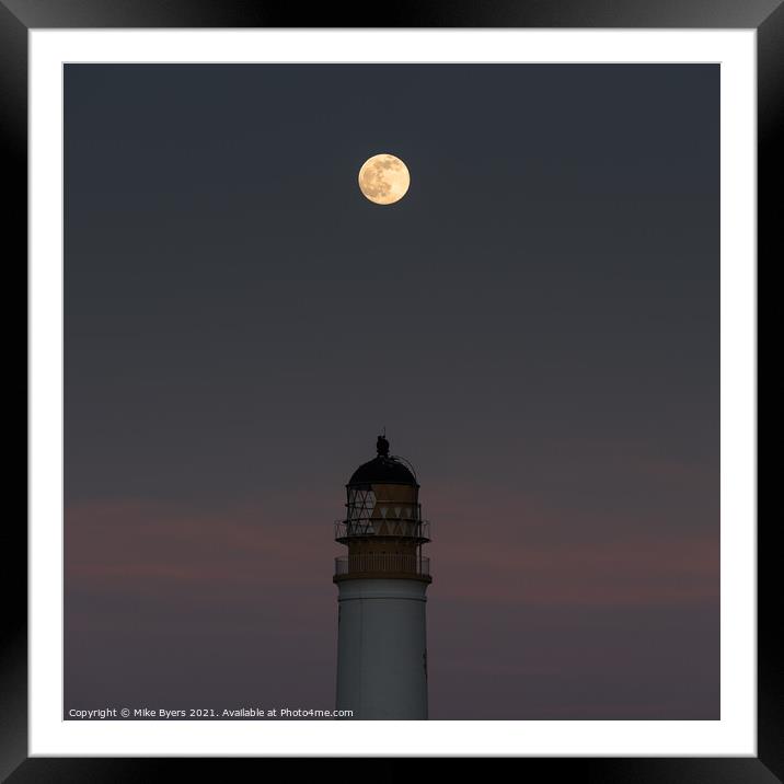 Snow Moon and Lighthouse Framed Mounted Print by Mike Byers