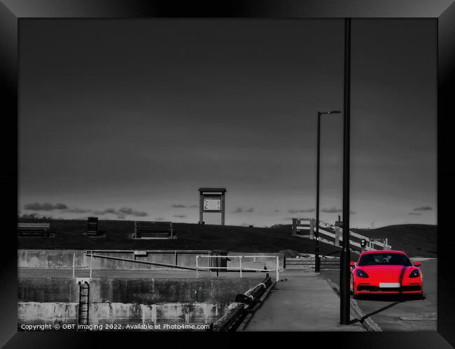 Red Porsche Car & Harbour Line Monochrome Framed Print by OBT imaging