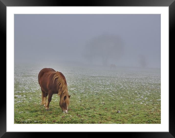 Pony grazing in the mist Framed Mounted Print by Michelle Bowler