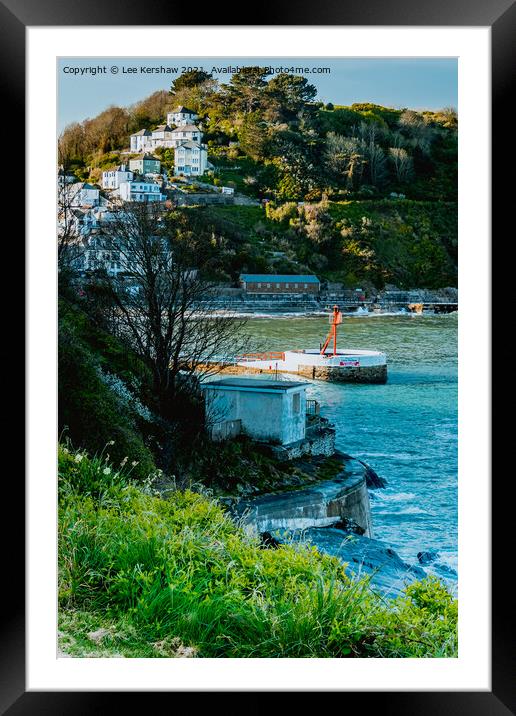 Looe Banjo Pier, Harbour Mouth, Looe Beach and cliff path Framed Mounted Print by Lee Kershaw