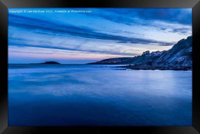 Sun setting over the sea, Looe Island and West Looe. Shot taken from Millendreath. Framed Print by Lee Kershaw