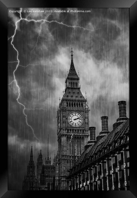 Stormy Symbolism: The Striking Power of Big Ben Framed Print by Lee Kershaw