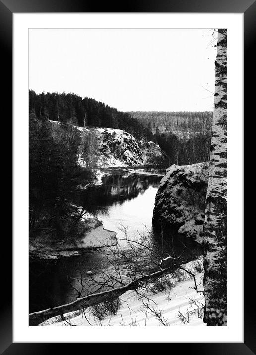Nature of the southern Urals, Russia - forest, rocks and river in winter, winter landscape, black and white photo. Framed Mounted Print by Karina Osipova