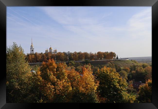 Stunning autumn landscape, top view, sun and blue sky, yellow trees, white Church, Golden domes, green grass, red leaves.  Framed Print by Karina Osipova