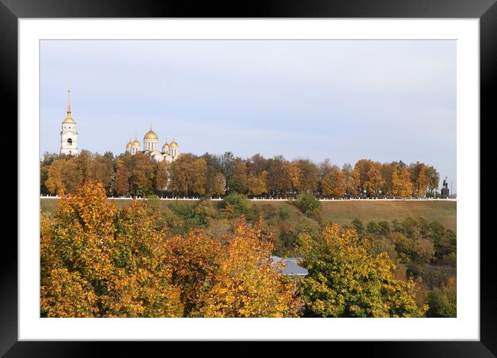 Autumn, trees with yellow leaves and a white Church with Golden domes. Framed Mounted Print by Karina Osipova