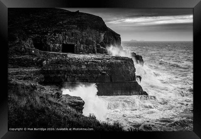 Waves Crashing on Purbeck Stone Cliffs Framed Print by Max Burridge