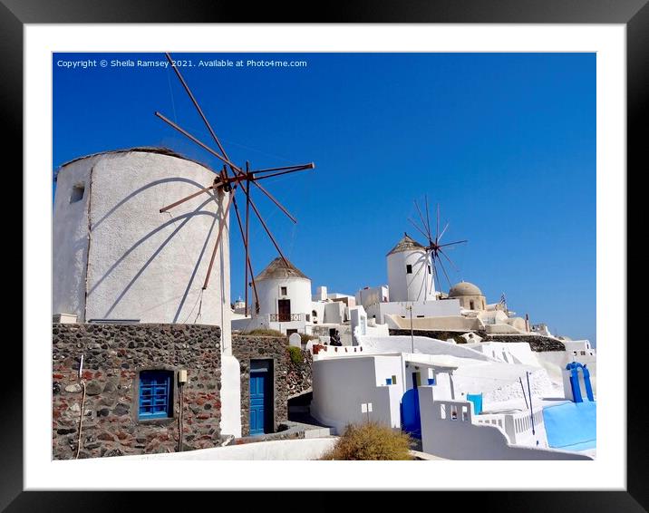 Windmills at Oia Santorini Framed Mounted Print by Sheila Ramsey