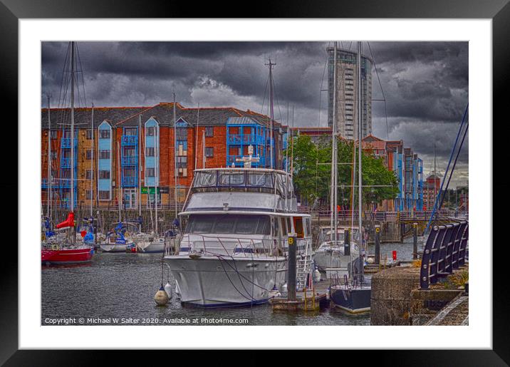 Boats moored In Swansea Harbour Framed Mounted Print by Michael W Salter