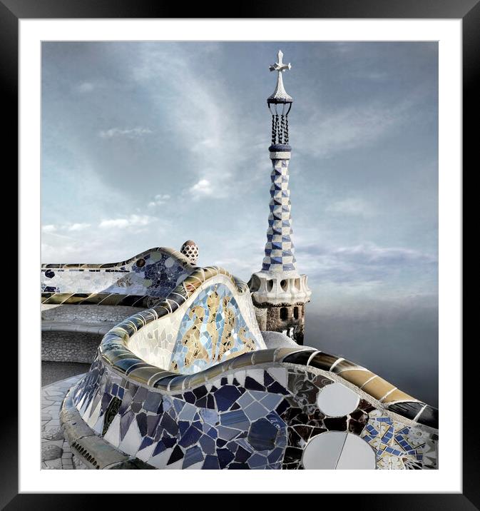 Park Guell, Barcelona. Bench and tower Framed Mounted Print by JM Ardevol