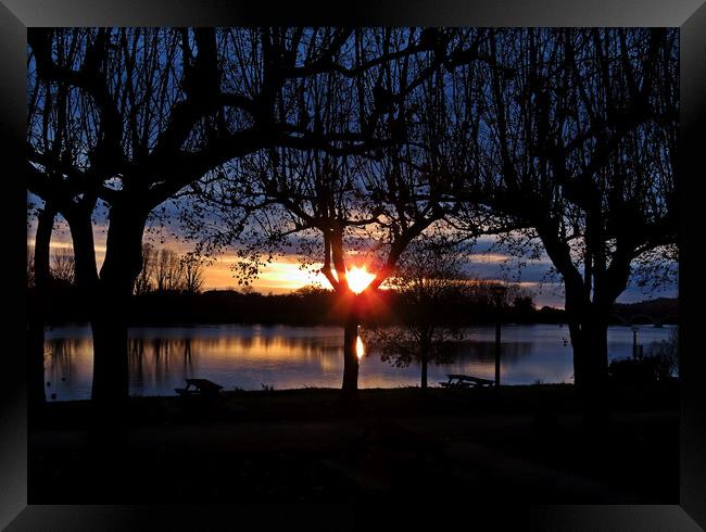 Sunset in Moissac South West of France, a lovely sunset at a picnic area next to the river Tarn, Framed Print by Karen Noble