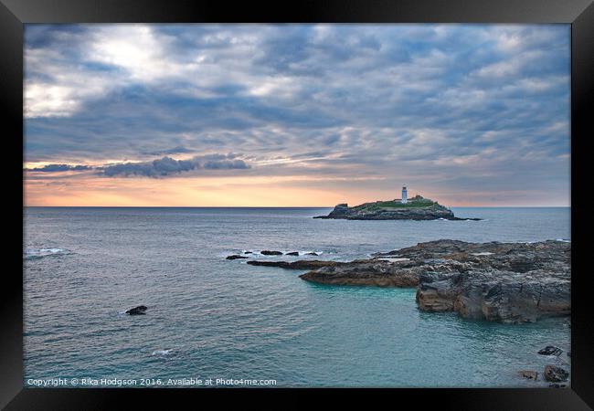 Celtic sunset, Godrevy Lighthouse, Hayle, Cornwall Framed Print by Rika Hodgson