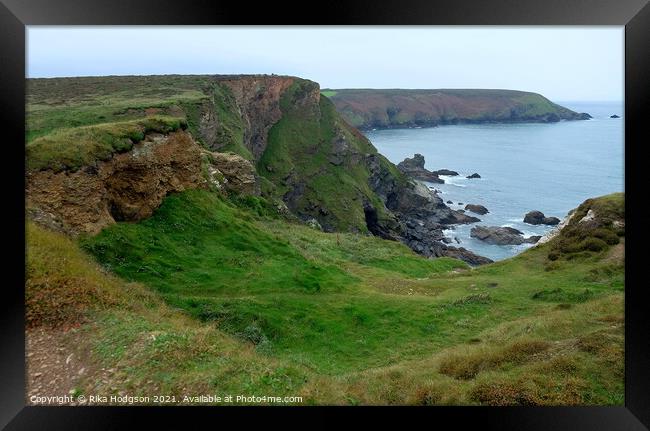 Green Coastline of Hell's Mouth, Cornwall, England Framed Print by Rika Hodgson