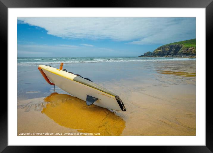 Surfboard on Praa Sands Beach, Cornwall, Enlgand, Seascape Framed Mounted Print by Rika Hodgson