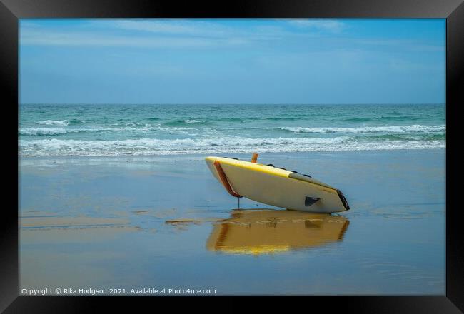 Surfboard & Reflection on Praa Sands Beach, Cornwall Framed Print by Rika Hodgson