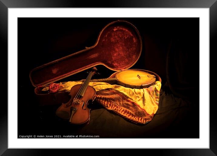 Banjo and violin still life photo oil painting style Framed Mounted Print by Helen Jones