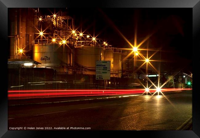 Industry at night slow shutter speed light trails  Framed Print by Helen Jones