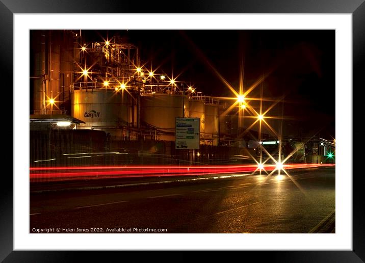 Industry at night slow shutter speed light trails  Framed Mounted Print by Helen Jones