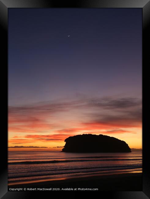 Dawn with new Moon at Whangamata Beach, New Zealand Framed Print by Robert MacDowall