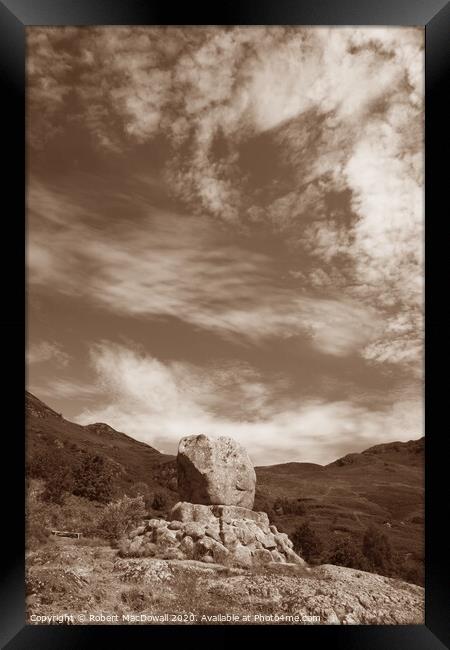 Bruce's Stone in Glen Trool in Dumfries and Galloway, Scotland - in sepia Framed Print by Robert MacDowall