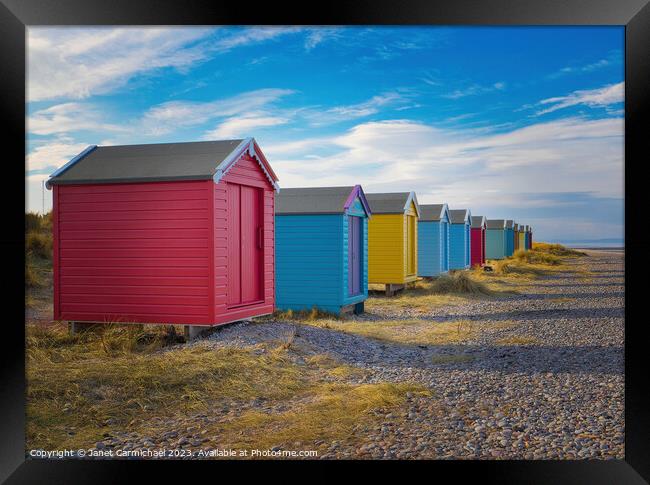 Colourful Beach Huts under Scottish Skies Framed Print by Janet Carmichael