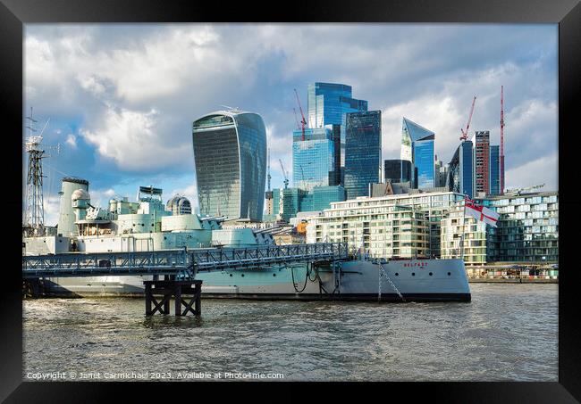 Londons Warship vs Architecture Framed Print by Janet Carmichael