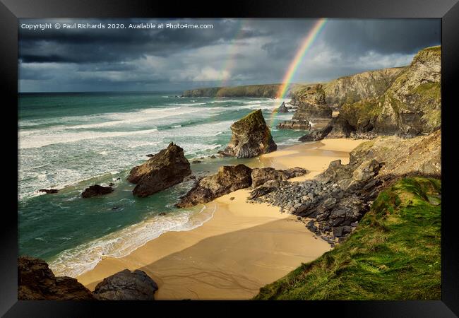 Bedruthan Steps, with double rainbow Framed Print by Paul Richards