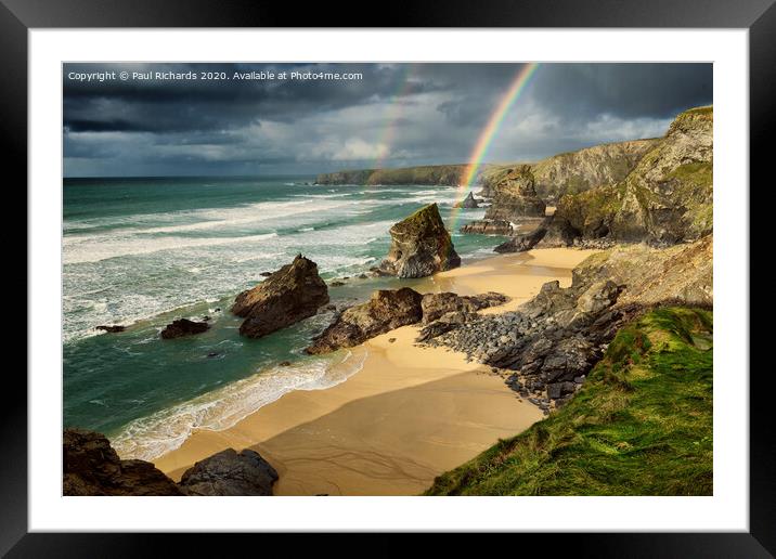 Bedruthan Steps, with double rainbow Framed Mounted Print by Paul Richards