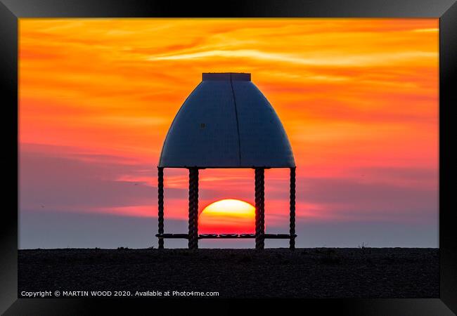 Folkestone beach shelter sunset 3 Framed Print by MARTIN WOOD