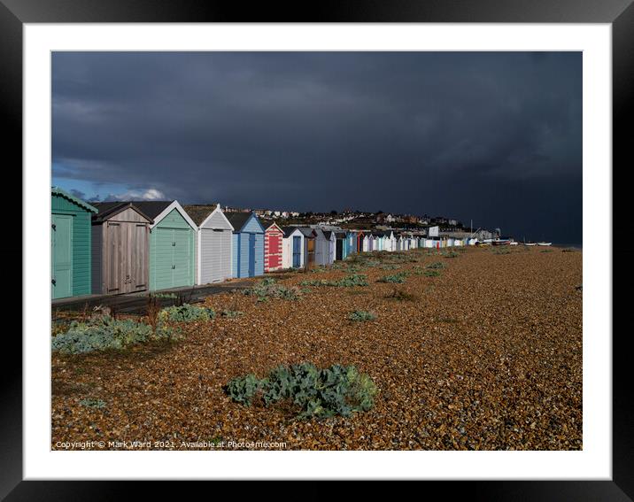 Beach Huts bathed in Sunshine and Rain. Framed Mounted Print by Mark Ward