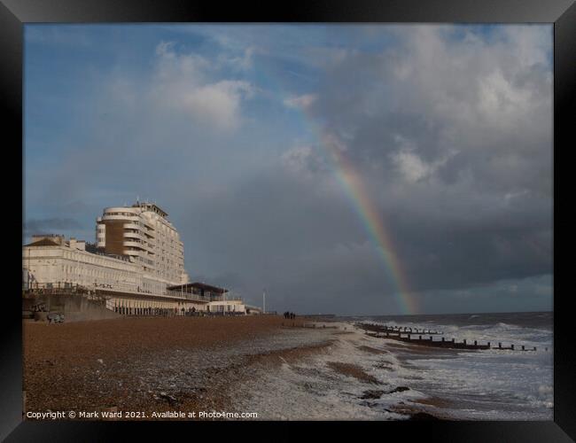 St Leonards Seafront with a Rainbow. Framed Print by Mark Ward