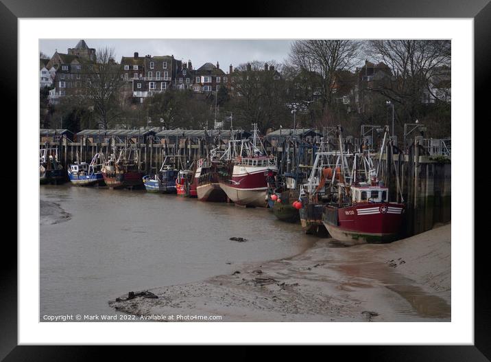 Rye fishing boats at low tide. Framed Mounted Print by Mark Ward